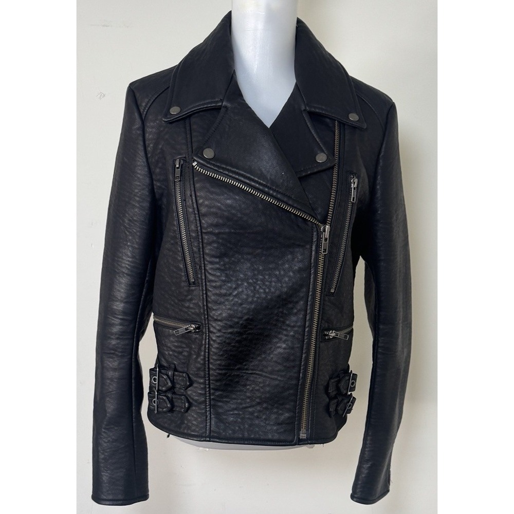 Free People Soho Vegan Leather Motorcycle Jacket Asymmetrical Zip Size 12 Black